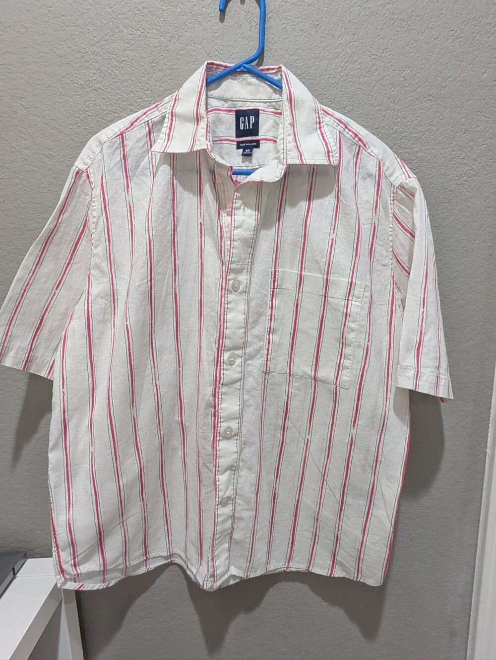Linen Blends GAP Men's White Short-Sleeve Button-Up Shirt Pink& Green Stripe